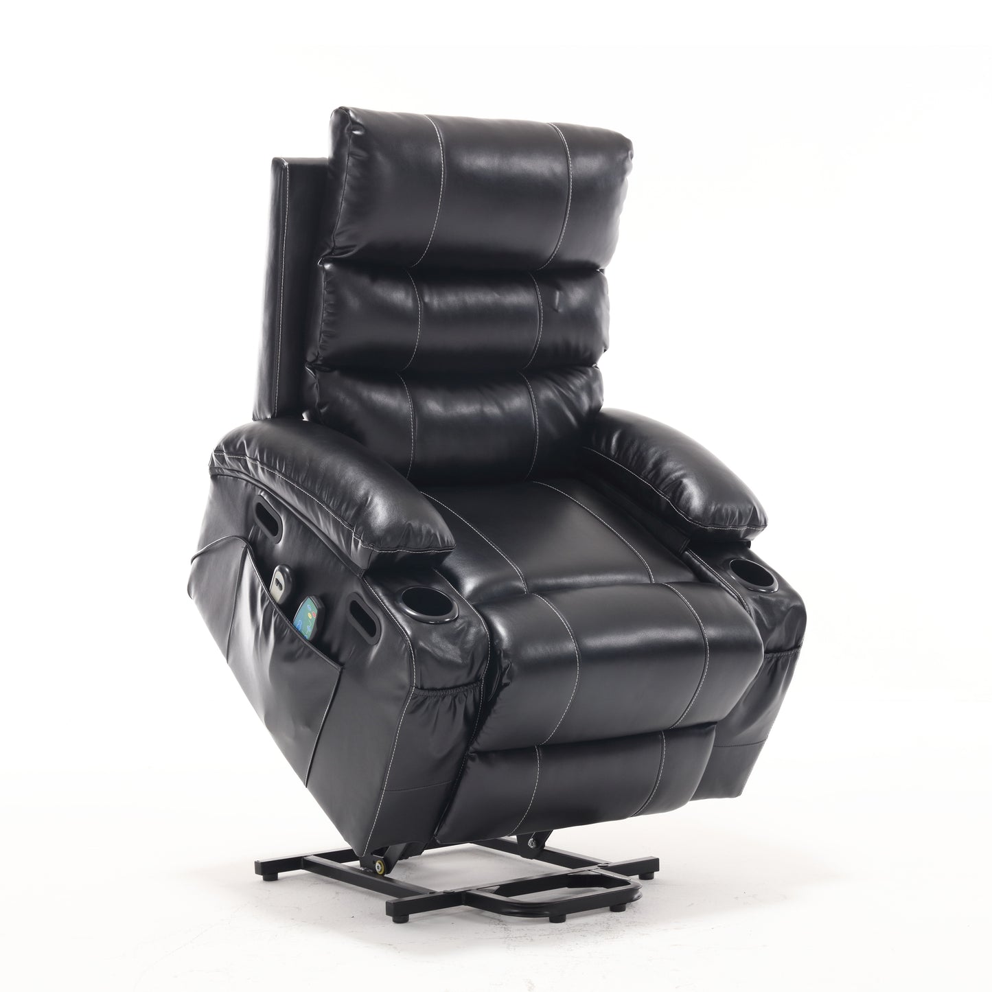 Electric Power Lift Recliner Chair Sofa for Elderly with Vibration Massage, Lumber Heat, Remote Control, Side Pockets and Cup Holders, Black PU, 21' Seat Width
