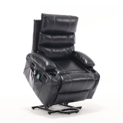 Electric Power Lift Recliner Chair Sofa for Elderly with Vibration Massage, Lumber Heat, Remote Control, Side Pockets and Cup Holders, Black PU, 21' Seat Width