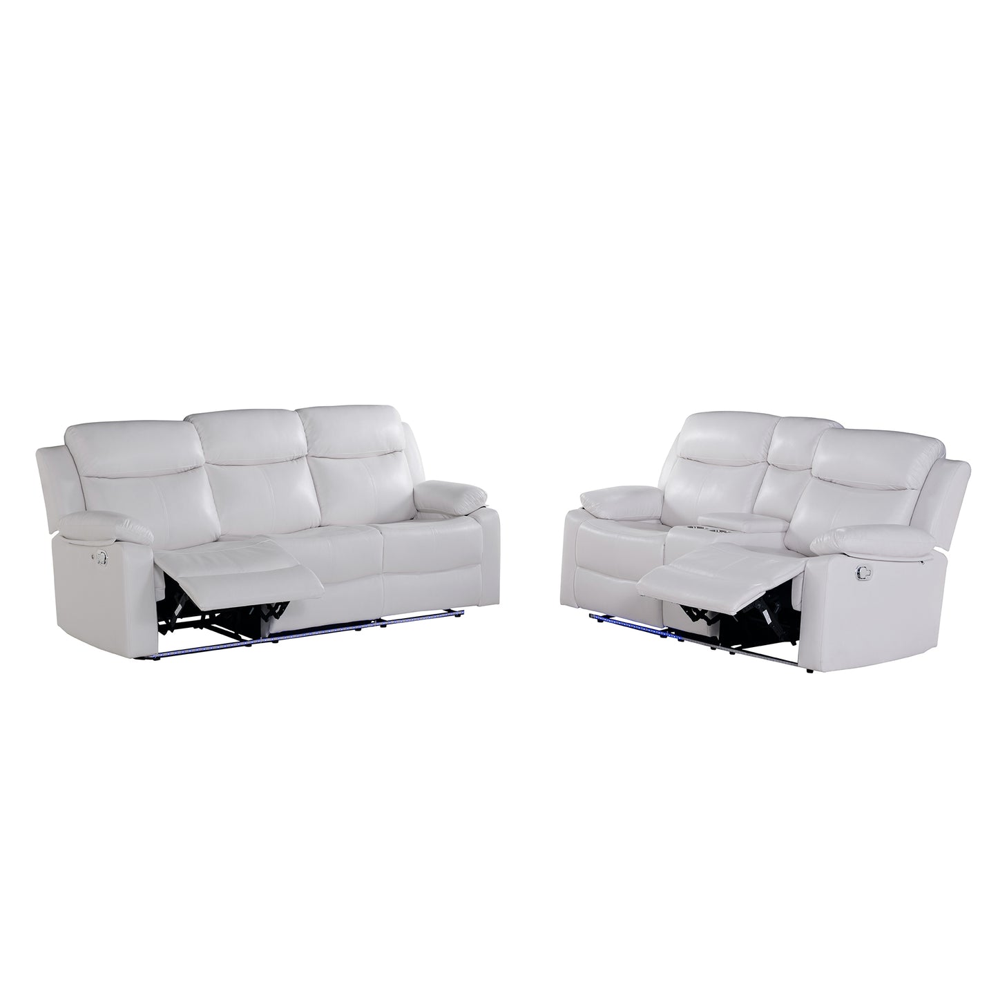 TIA Blanche White 2PC Reclining Sofa and Loveseat with LED Lights and Speaker in White Wood Frame, Medium Firm Seating
