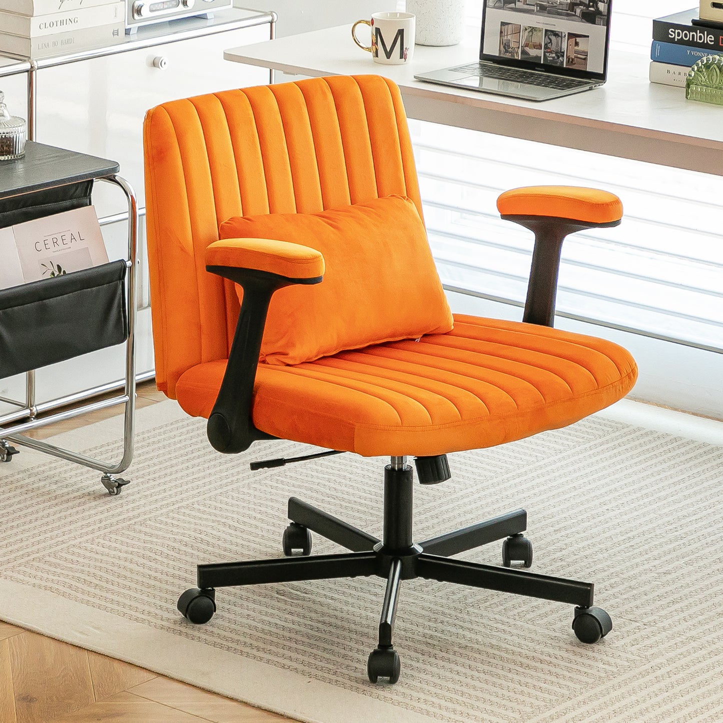 Orange Velvet Criss Cross Armrest Office Chair with Wheels - Stylish for Home Office, Gaming & Makeup