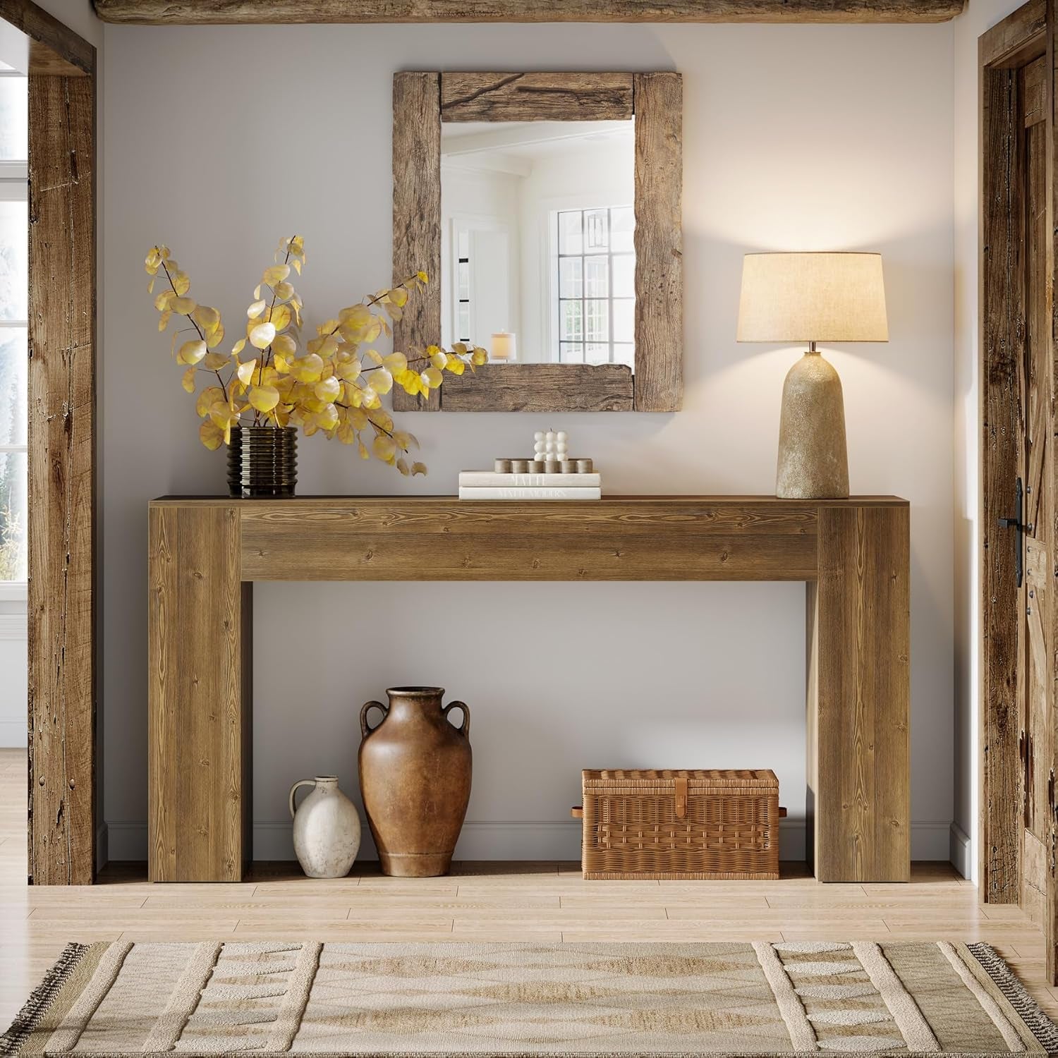 63 Inch Farmhouse Console Table Natural Brown Finish-3