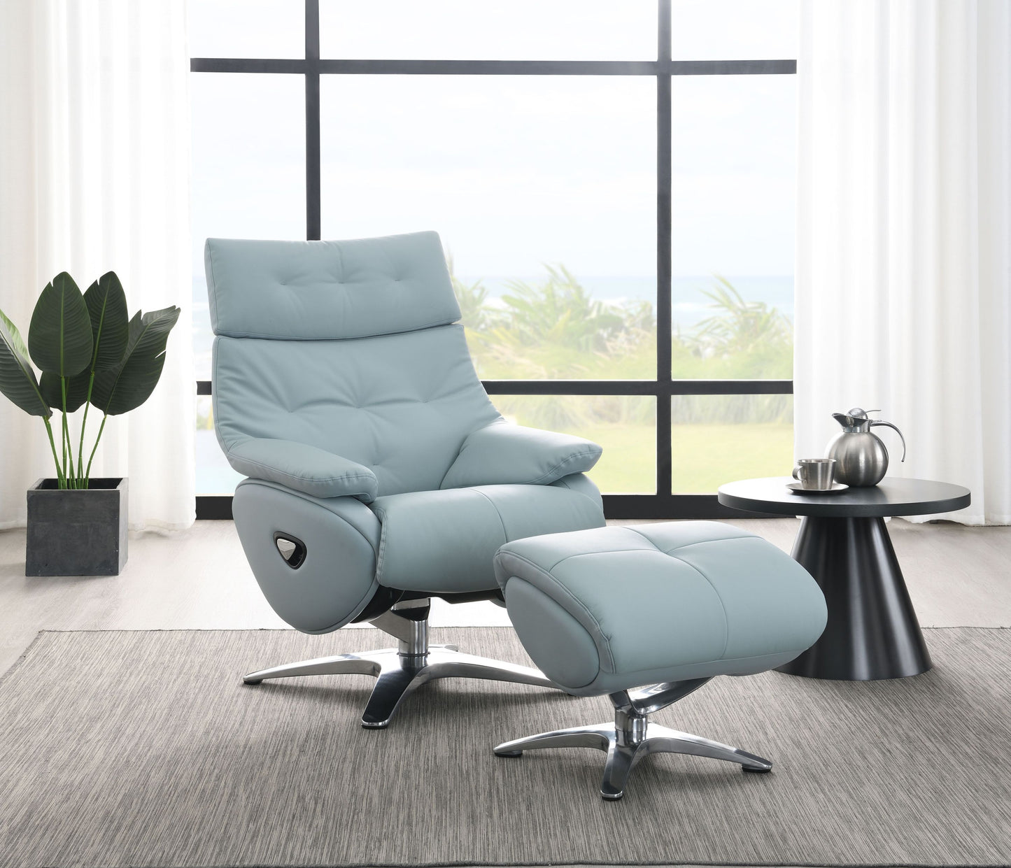 Janella Babyblue Top Grain Leather Accent Chair with Swivel & Ottoman