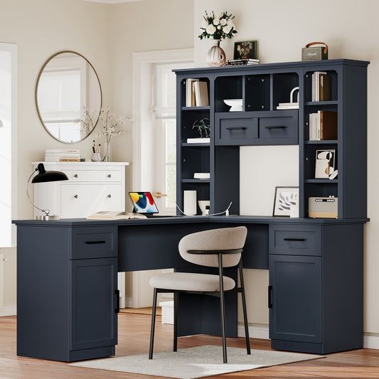 Keia L-Shaped Computer Desk with 2 Cabinets and 2 Drawers, 11 Open Shelves and 1 Right Flip Shelf with Storage, with Power Outlet, for Study, Living Room and Office, Antique Blue