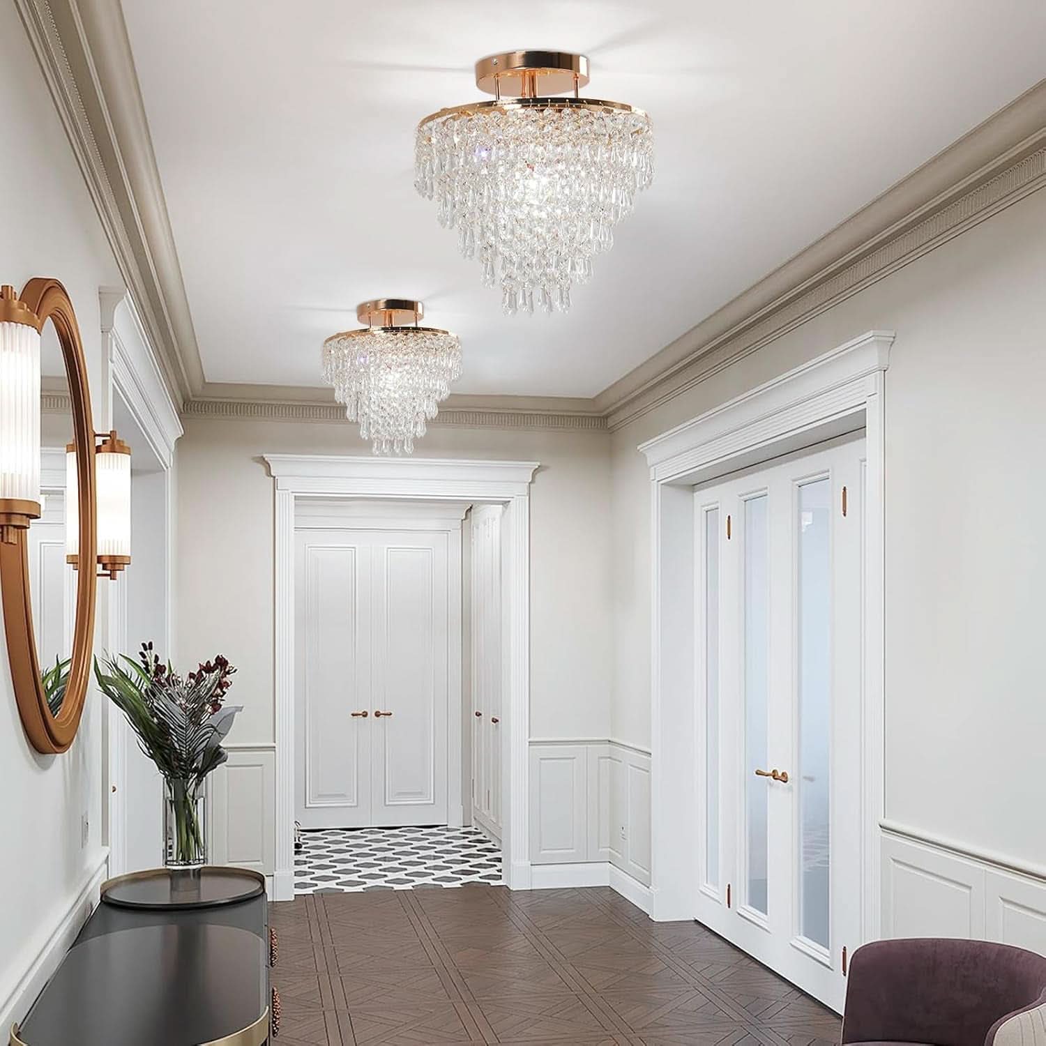 Gold Crystal Flush Mount Chandelier 30cm Ceiling Light-2