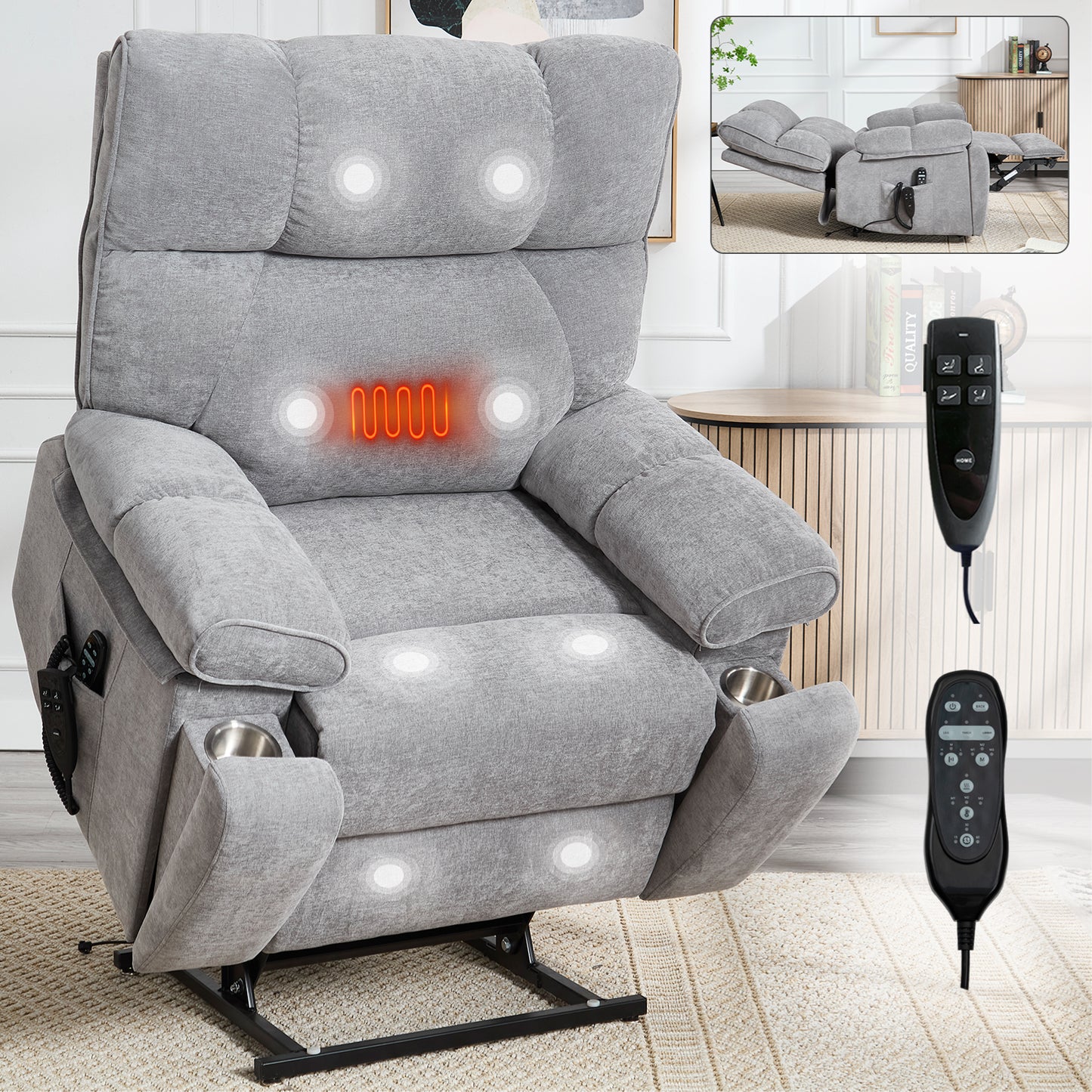 BIG Heat & Massage, Up to 350 LBS  Power Lift Recliners with Hidden Cup Holders, Power-Remote, Heavy Duty