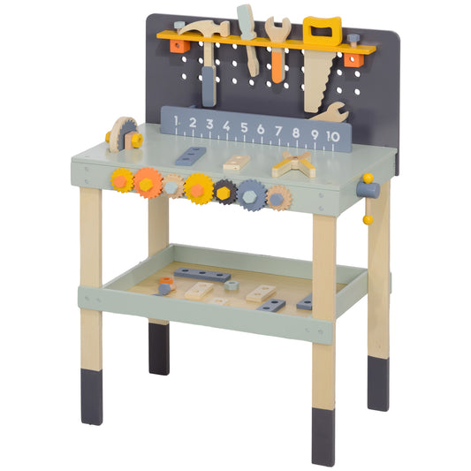 Qaba Kids Wooden Tool Bench, 49 Piece Kids Workbench Playset, Pretend Play Toy Construction Tool Set for Toddlers Age 3-6 Years, Light Blue