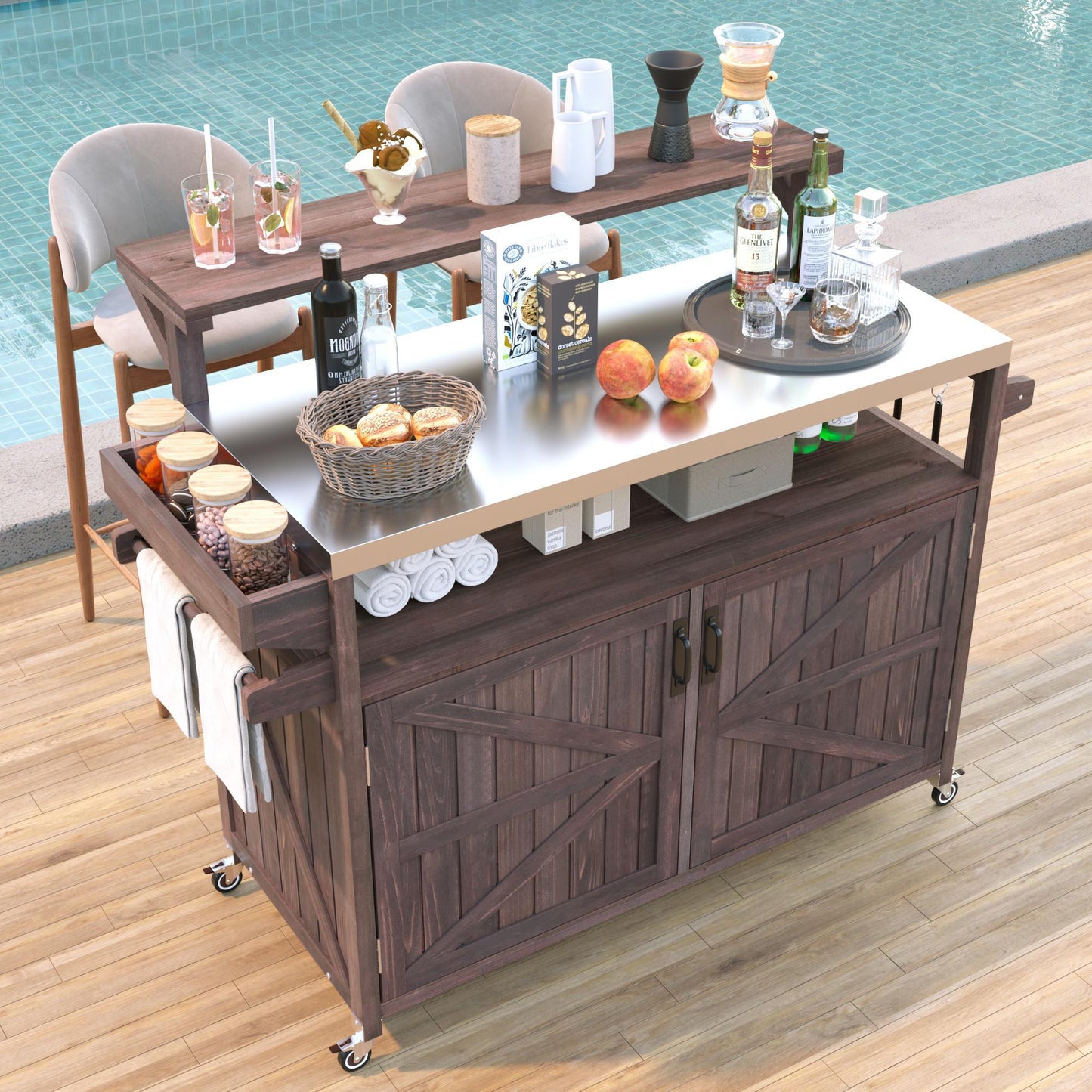 K&K 53.3' Outdoor Kitchen Island with Raised Shelf, Solid Wood Storage Cabinet with Stainless Steel Top, Outdoor Rolling Grill Cart with Internal Storage Rack, Adjustable Shelf