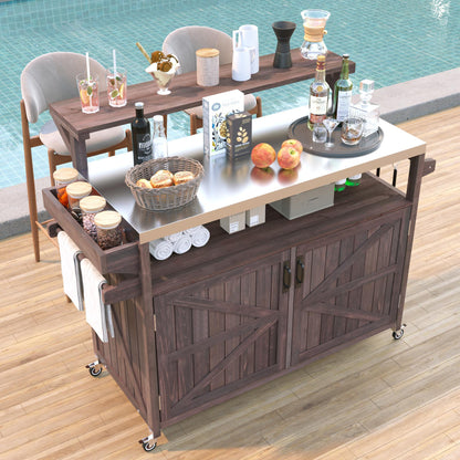 K&K 53.3' Outdoor Kitchen Island with Raised Shelf, Solid Wood Storage Cabinet with Stainless Steel Top, Outdoor Rolling Grill Cart with Internal Storage Rack, Adjustable Shelf