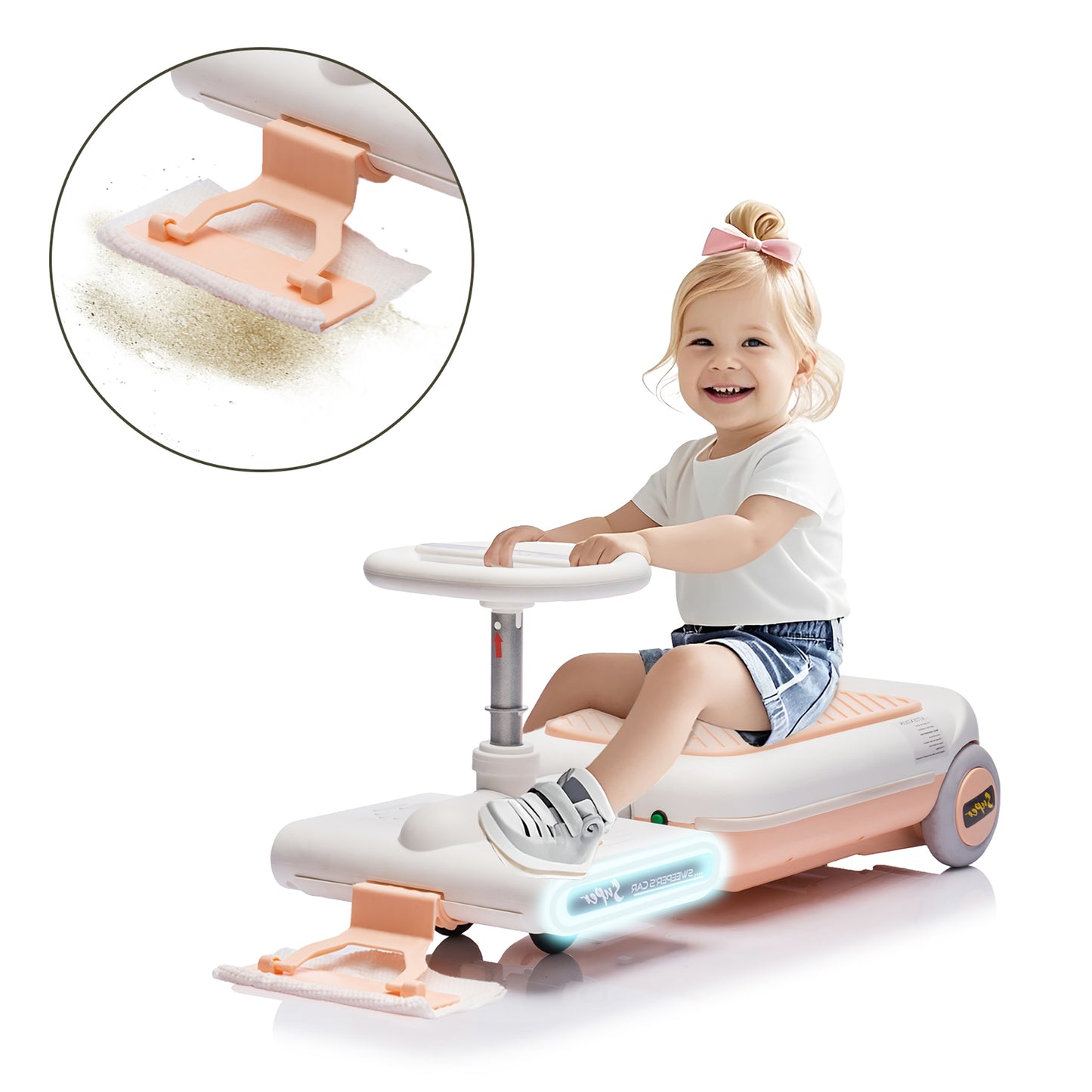 12V Cleaning Go Kart For Kids,55W Motor,Front with mop for cleaning,Length can extended by 6cm,Built in music and lighting functions,Provide a speed of 1.86-2.49MPH for kids aged 3-6 years old.