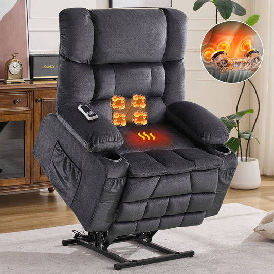 Dual Motor Large Power Lift Recliner Chair for Elderly, Lay Flat Lift Chair with knead the waist and heat, Big Lift Recliner for Tall People, Cup Holders,GREY