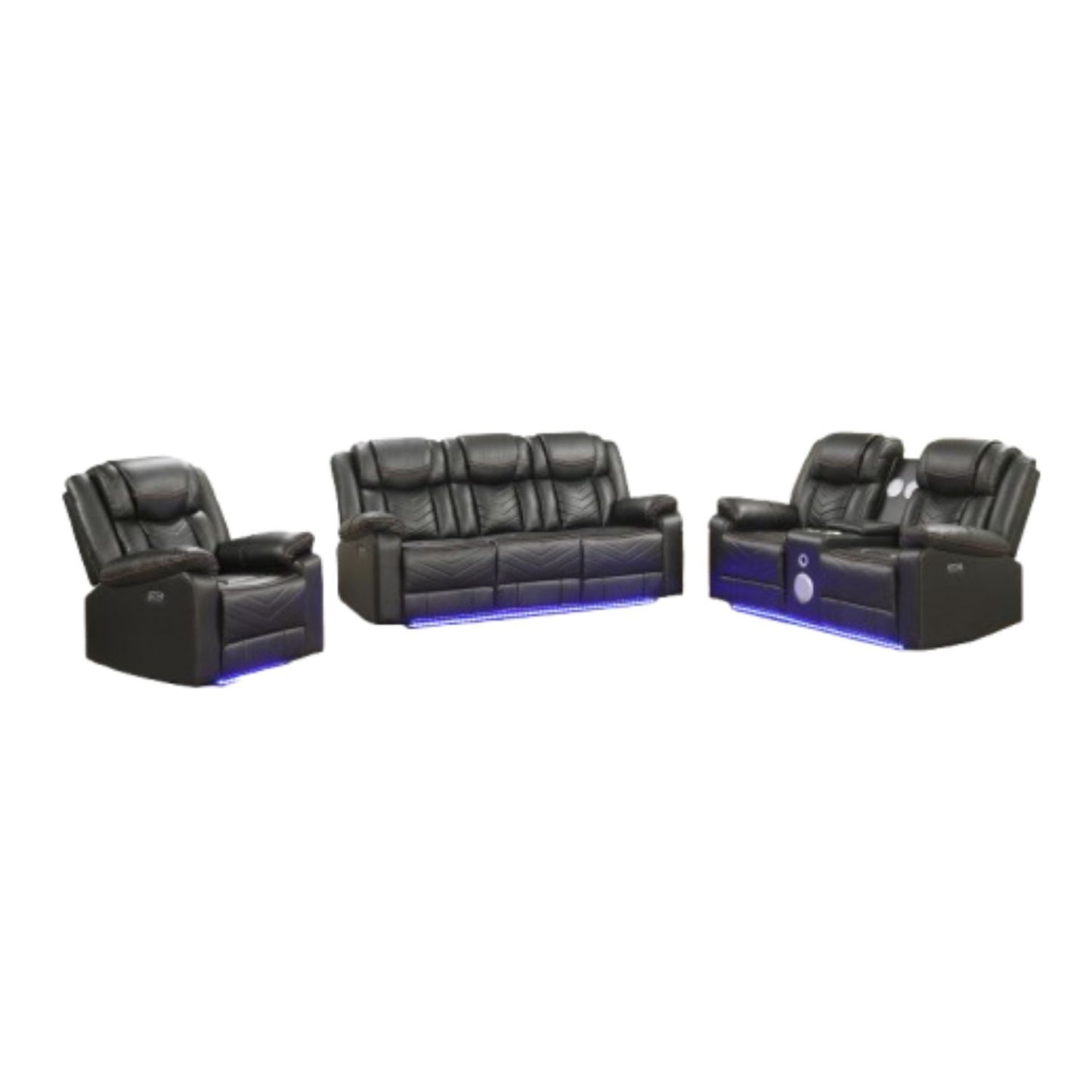 Palmers Modern Contemporary LED Power Recliner 3PC(Sofa + Loveseat + Chair) including cup holders Loveseat with console & Bluetooth speakers made with wood and metal frame