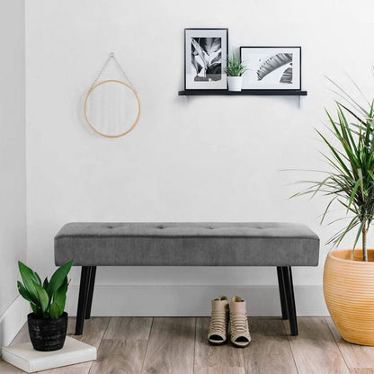 Mid-Century Grey Corduroy Upholstered End of Bed Bench with Black Metal Legs