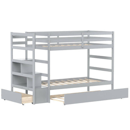 Twin Over Twin Bunk Bed with Storage Shelf and Drawer-Dark Brown