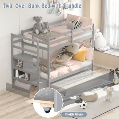 Twin Over Twin Bunk Bed with Storage Shelf and Drawer-Dark Brown