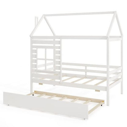 Twin Size Wooden Platform House Bed with Trundle and Roof-Grey