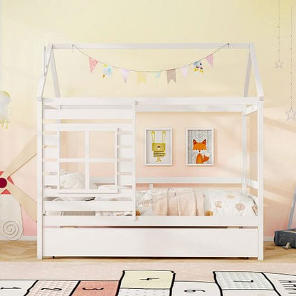 Twin Size Wooden Platform House Bed with Trundle and Roof-Grey