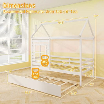 Twin Size Wooden Platform House Bed with Trundle and Roof-Grey