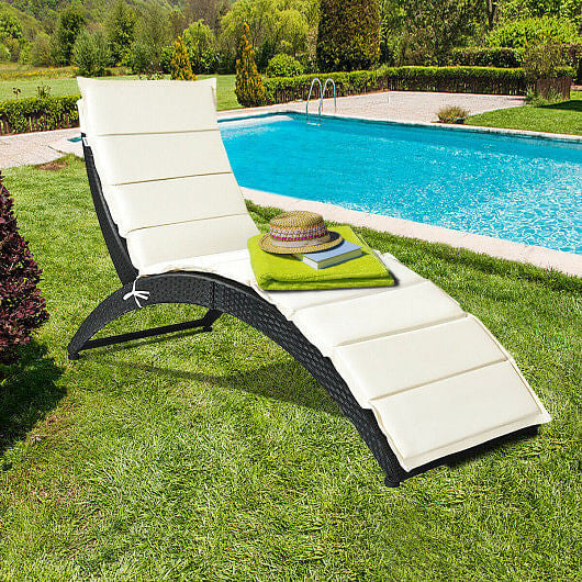 Folding Patio Rattan Portable Lounge Chair Chaise with Cushion-Turquoise