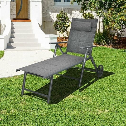 Patio Reclining Chaise Lounge with Adjust Neck Pillow-Gray