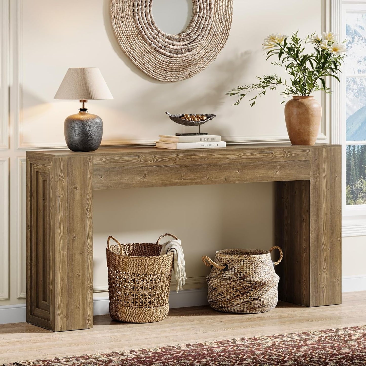 63 Inch Farmhouse Console Table Natural Brown Finish-0