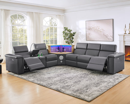 5-Seater Air Leather L-Shaped Powered Recliner Sofa Set with Motorized Lift Cabinet, Multi Functions Sectional Couch Blue Tooth HiFi Subwoofer Speakers, Colorful Ambient LED, Touch Lamp, Dark Gray