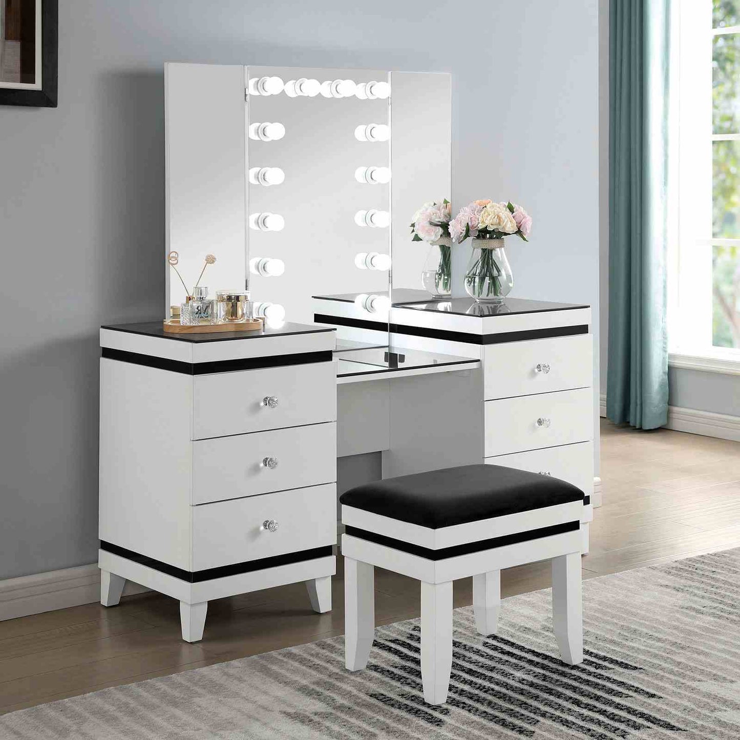 Contemporary Style 1pc Vanity Set Tri-Fold Mirror 14pcs Bulbs Black Glass Table Top Upholstered Stool Seat Knob Handles Felt Lined drawers Black And White Finish
