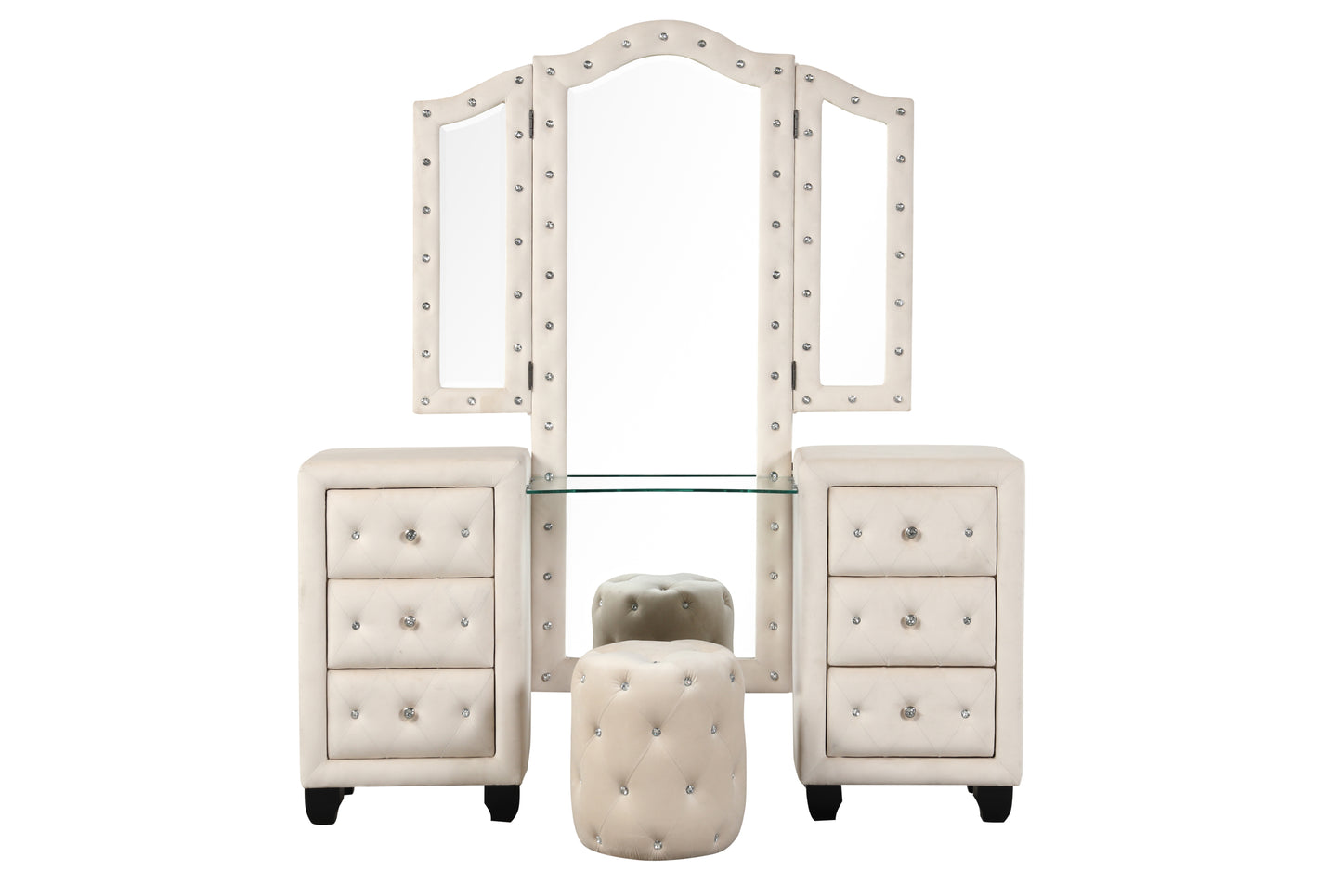 Modern Style Crystal Tufted Upholstery 6-Drawer Vanity Set with Stool, finished with Velvet Fabric made with Wood in Cream(CA Inventory)
