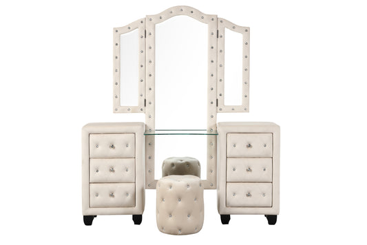 Modern Style Crystal Tufted Upholstery 6-Drawer Vanity Set with Stool, finished with Velvet Fabric made with Wood in Cream(CA Inventory)