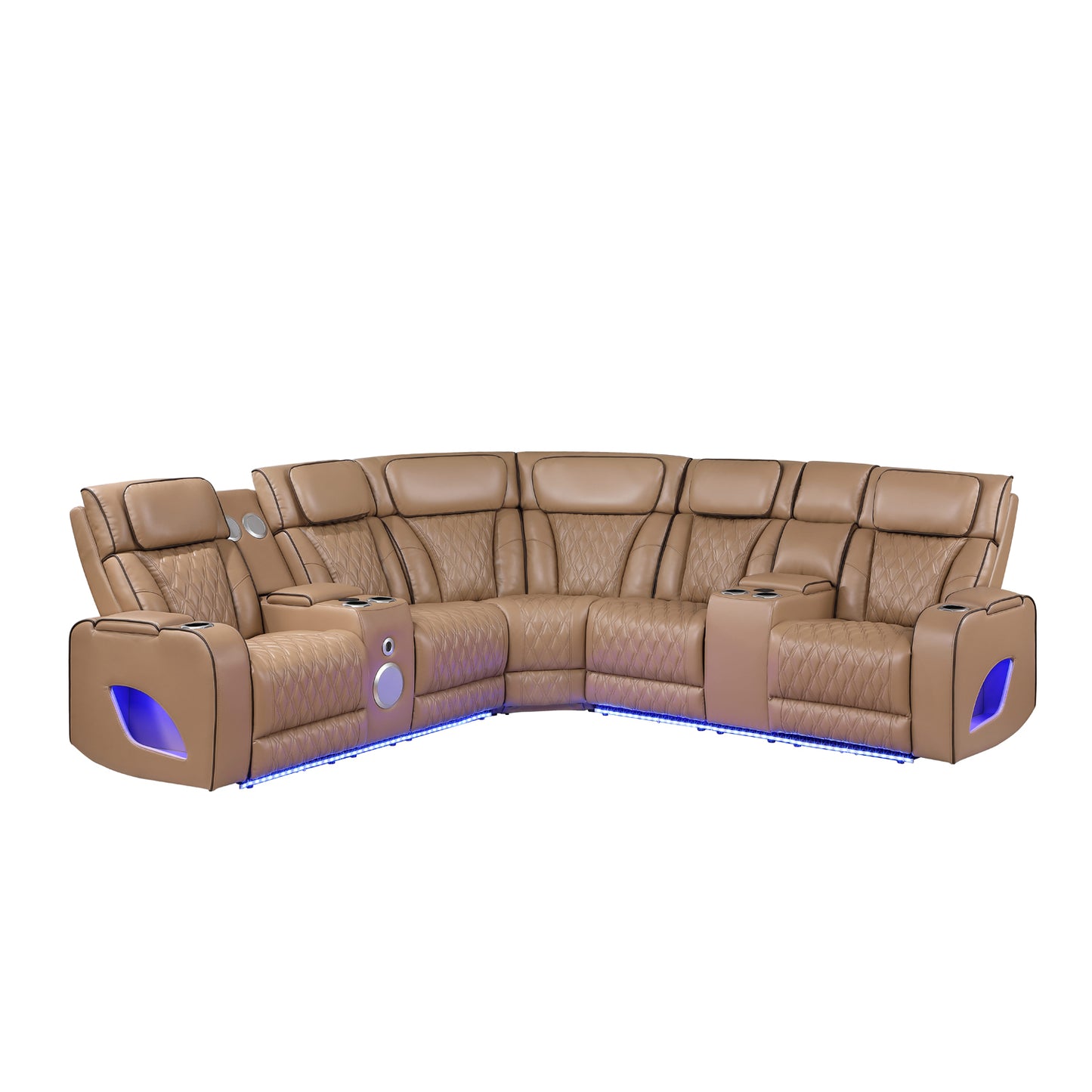 Fortuner Power Recliner Sectional Sofa with Power Headrests, Console Loveseats, Wedge, LED Light Strip, Speakers, Cup Holders & Storage Arms-Caramel