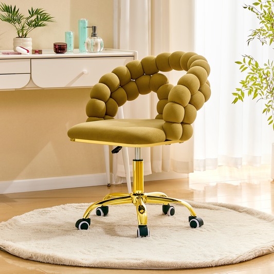 Modern Velvet Adjustable Swivel Desk Chair with Bubble Back, Upholstered Vanity Chair with Gold Metal Base, Rolling Office Chair Mustard Yellow (Set of 1)