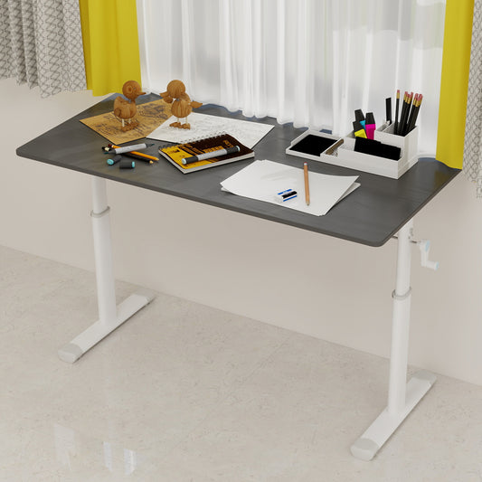 Adri's Adjustable study desk suitable for children and adults, height-adjustable, multifunctional home office desk, compact design, desktop dimensions: 60cm × 120cm, white frame, gray tabletop.