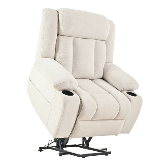 Power Lift Recliner Chair for Elderly - Fabric Single Sofa with Extended Footrest, Remote Control, Cup Holders, and Side Pockets for Living Room or Home Theater - Light Gray