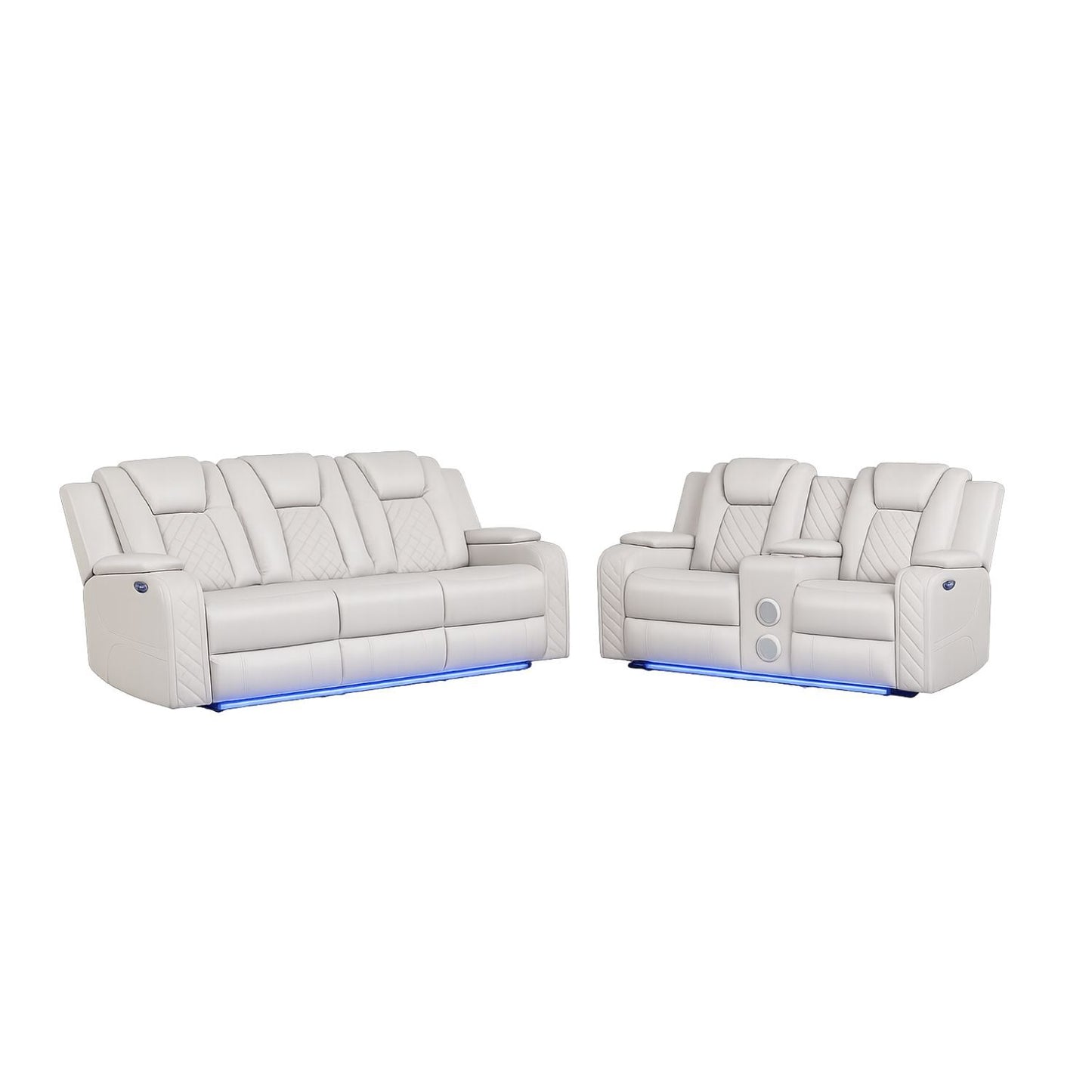 BRITTANY BENZ LED & Power Recliner 2 PC Faux Leather in Ice with Adjustable Headrests and Ambient LED Lighting