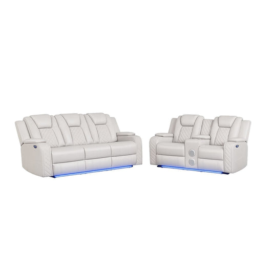 BRITTANY BENZ LED & Power Recliner 2 PC Faux Leather in Ice with Adjustable Headrests and Ambient LED Lighting