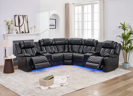 BRASWELL Power Recliner Sectional Sofa Couches with Bass Speakers for Living Room, Leather Reclining Corner Sectionals Sofa Couch Sets with LED Light, Electric Theater Recliners for Home, Black