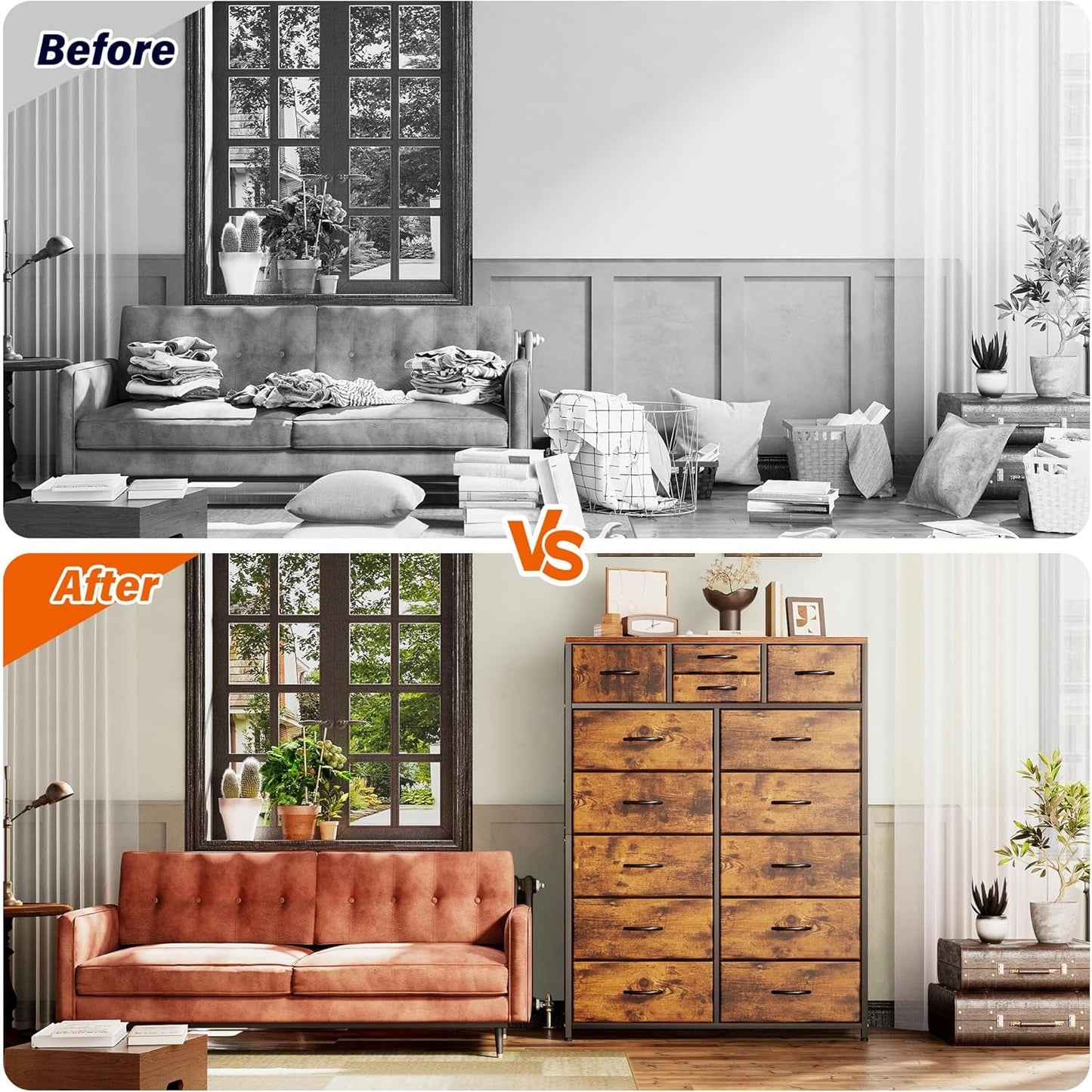 Rustic Brown Tall Dresser Featuring Fabric Drawers-3