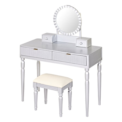 Luxury Vanity Desk with Round Mirror, Height-Adjustable Dressing Table Set, Silver, Engineered Wood