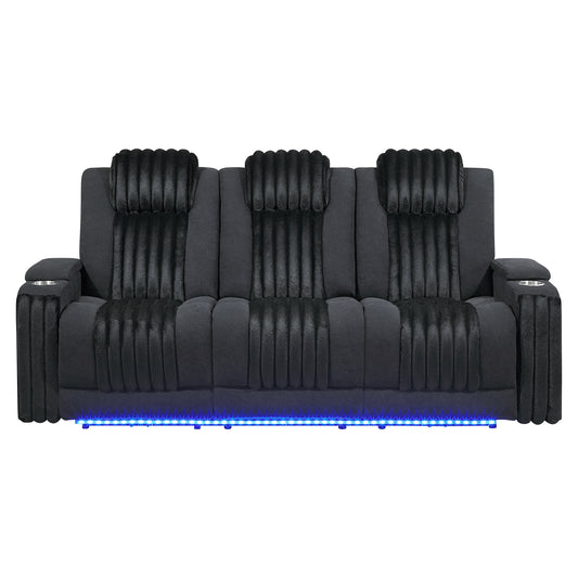 Paulks Black 2PC Power Reclining Sofa and Loveseat with Power Headrest, LED Light, USB, and Bluetooth Speaker