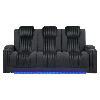 Paulks Black 3PC Power Reclining Sofa-Loveseat and Recliner with Power Headrest, LED, USB and Bluetooth Speaker