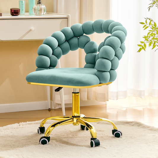 Modern Velvet Adjustable Swivel Desk Chair with Bubble Back, Upholstered Vanity Chair with Gold Metal Base, Rolling Office Chair Teal (Set of 1)