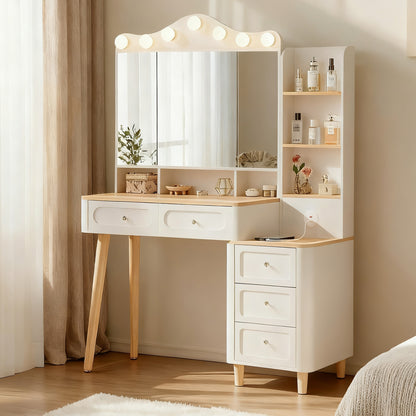 Vanity Desk with Mirror and Lights,Makeup Vanity with 2 USB Power Strip,Vanity Set with Two Drawers and Three-drawer Chest, 3 Lighting Modes Adjustable Brightness,