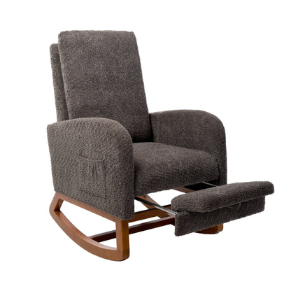 Rocking Chair for Nursery with Retractable Footrest and Side Pocket in Boucle and Rubber Wood Legs,Charcoal