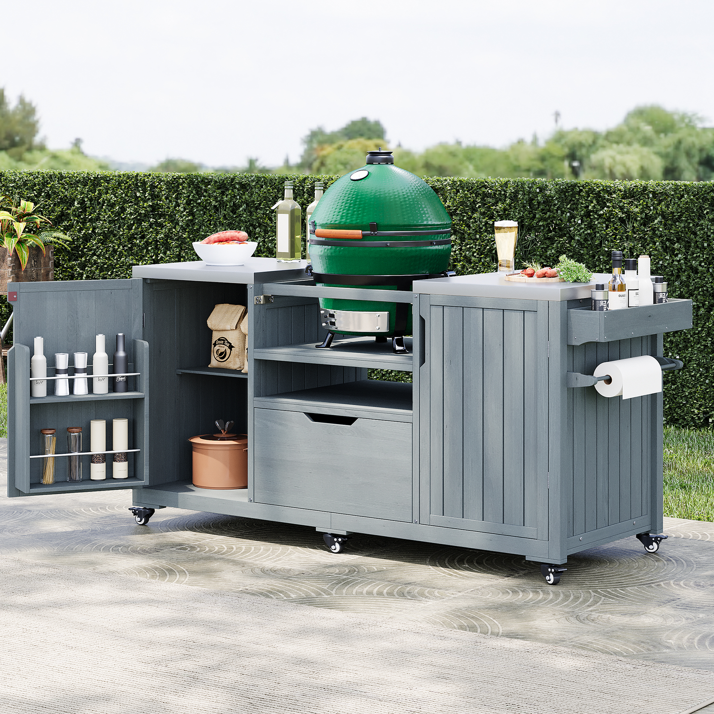 K&K 66.5' Outdoor Kitchen Island for Big Green Egg Grills, Solid Wood Outdoor Grill Cart for Tabletop Grill with Stainless Steel Top, Drawer, Compatible with Large Big Green Egg, Kamado Joe- Grey Blue