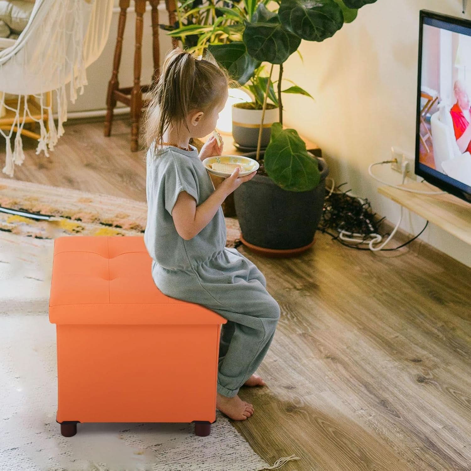 Orange Faux Leather Storage Ottoman With Wooden Tray-3