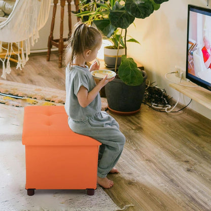 Orange Faux Leather Storage Ottoman With Wooden Tray-3
