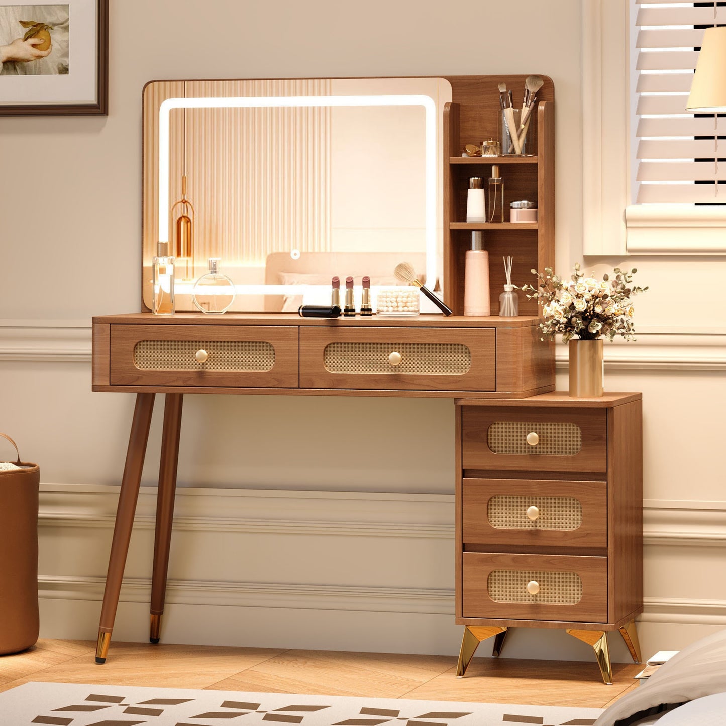 47''Vintage Makeup Vanity with Mirror and Lights, Makeup Vanity Desk with 5 Drawers and Storage Shelf, Rattan Drawer Design, 3 Color Modes