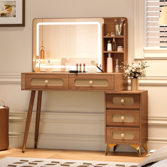 47''Vintage Makeup Vanity with Mirror and Lights, Makeup Vanity Desk with 5 Drawers and Storage Shelf, Rattan Drawer Design, 3 Color Modes