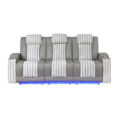 PAULKS Grey 3PC Power Reclining Sofa-Loveseat and Recliner with Power Headrest, LED Light, USB, Bluetooth Speaker, Drop Down Table