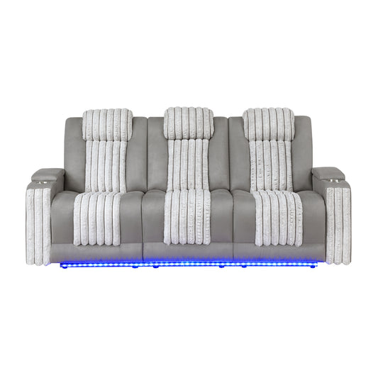 PAULKS Grey 3PC Power Reclining Sofa-Loveseat and Recliner with Power Headrest, LED Light, USB, Bluetooth Speaker, Drop Down Table