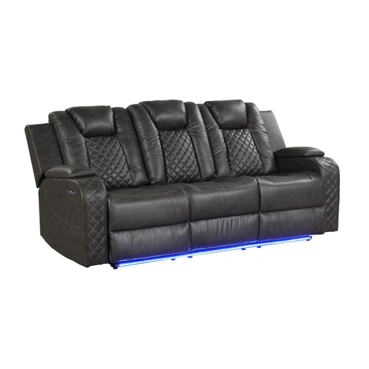 BRITTANY BENZ Contemporary Power Reclining Sofa in Gray with Faux Leather and LED Lighting
